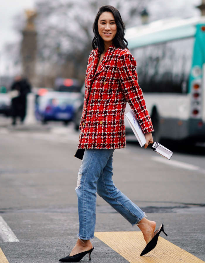 best street style outfits: eva chen wearing a chanel jacket and a pair of chanel shoes