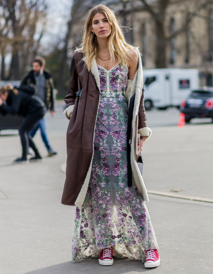 best street style outfits: veronika heilbrunner wearing a slip dress, Converse and a shearling coat