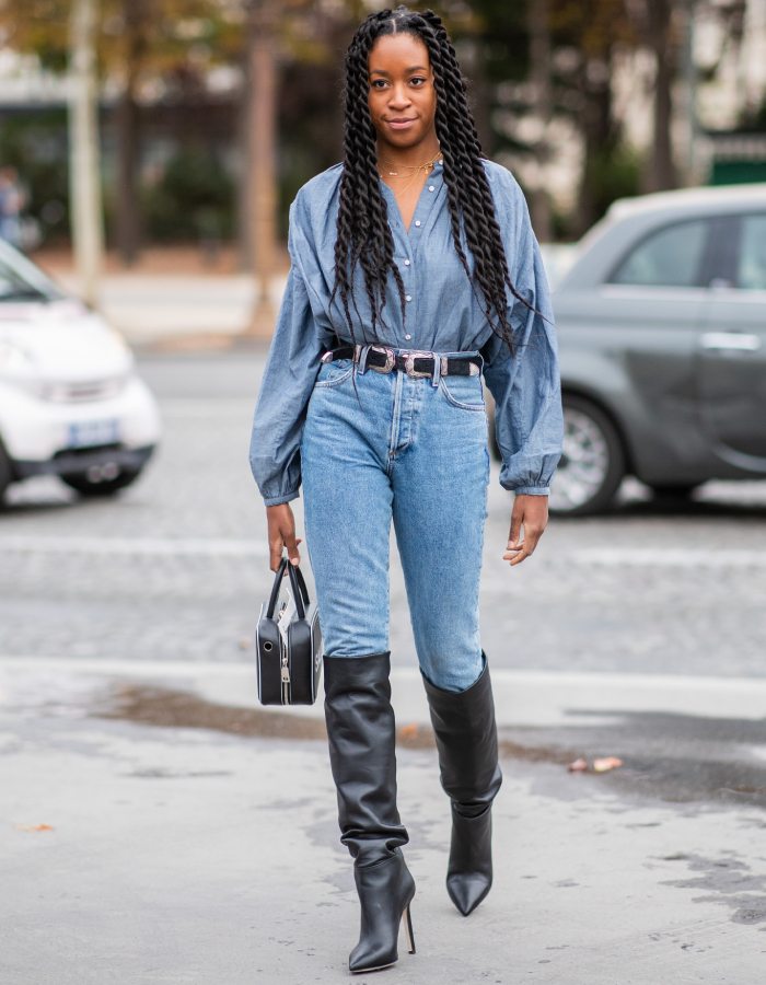 best street style outfits: chrissy rutherford wearing a double denim outfit