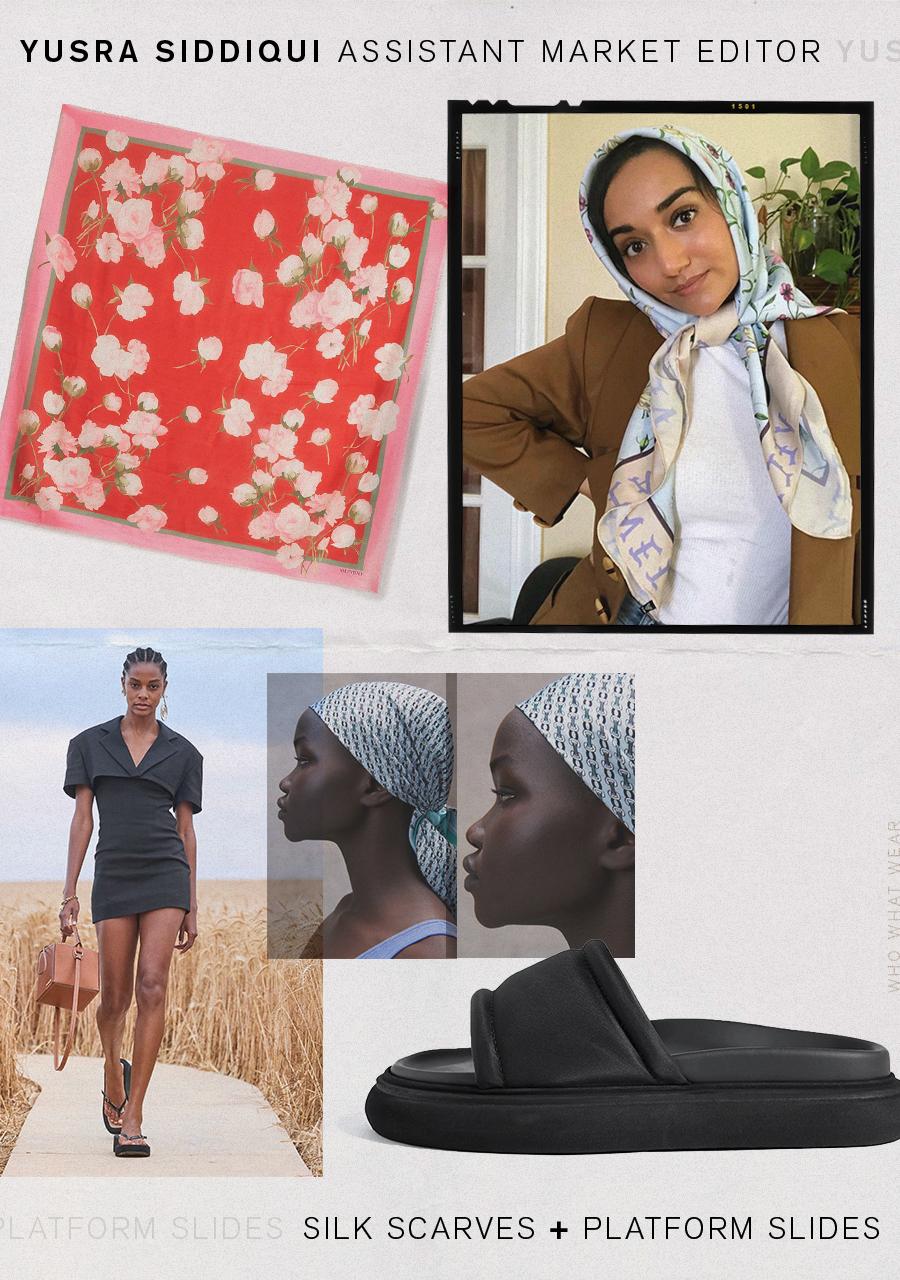 accessories trends 2021: yusra siddiqui chooses silk scarves and platform slides