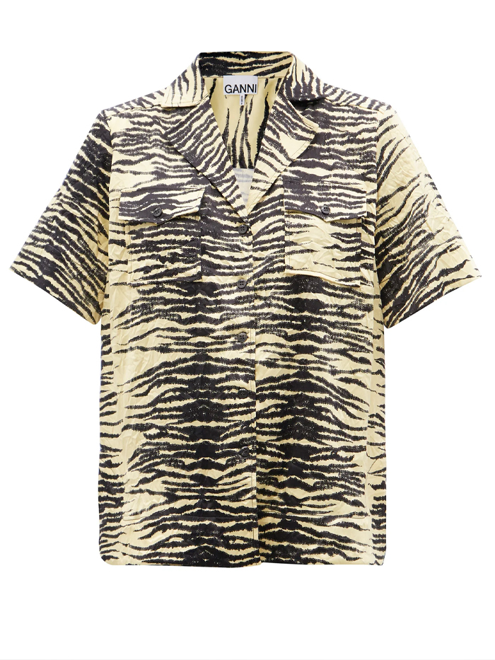 Ganni Cuban-Collar Zebra-Print Crinkled-Twill Shirt