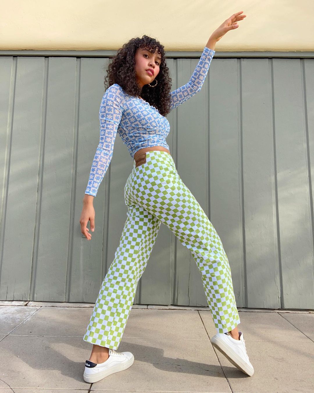 best printed jeans: green checked trousers