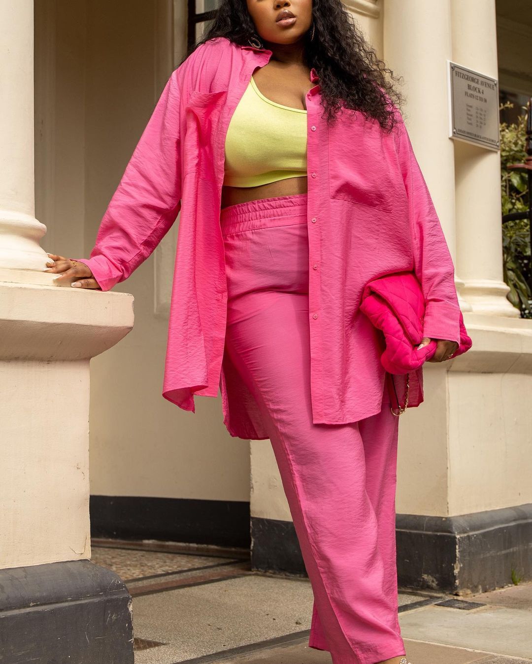 Bright pink shirts: Pink H&M shirt and trousers