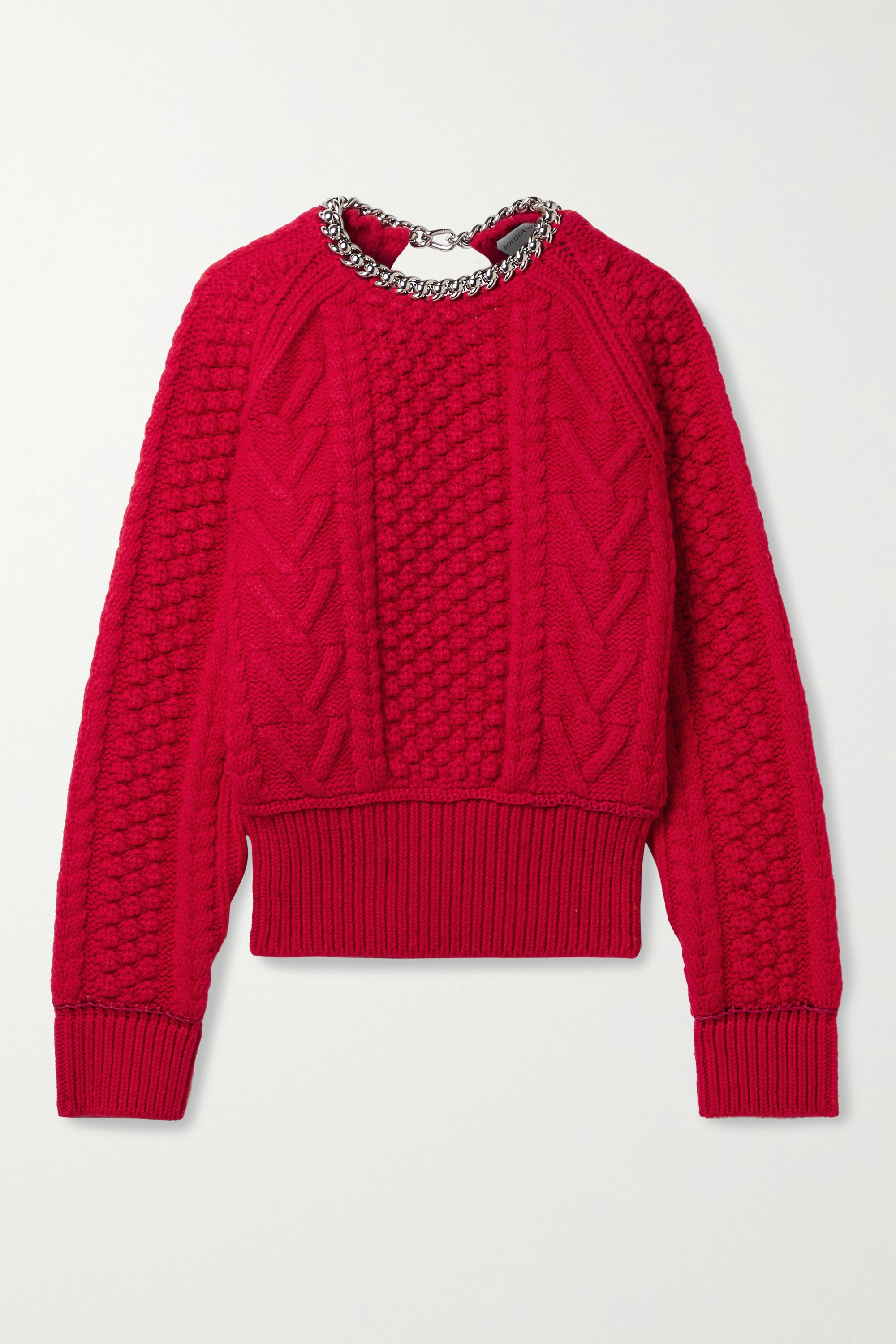 Bottega Veneta Chain-Embellished Open-Back Cable-Knit Wool Sweater