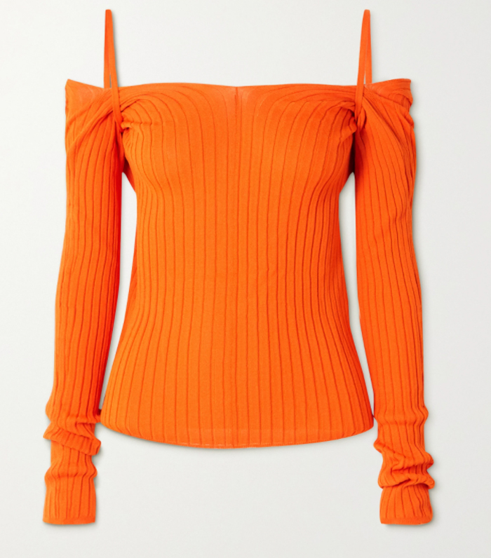 Ioannes Billowy Cold-Shoulder Twist-Back Ribbed-Knit Top