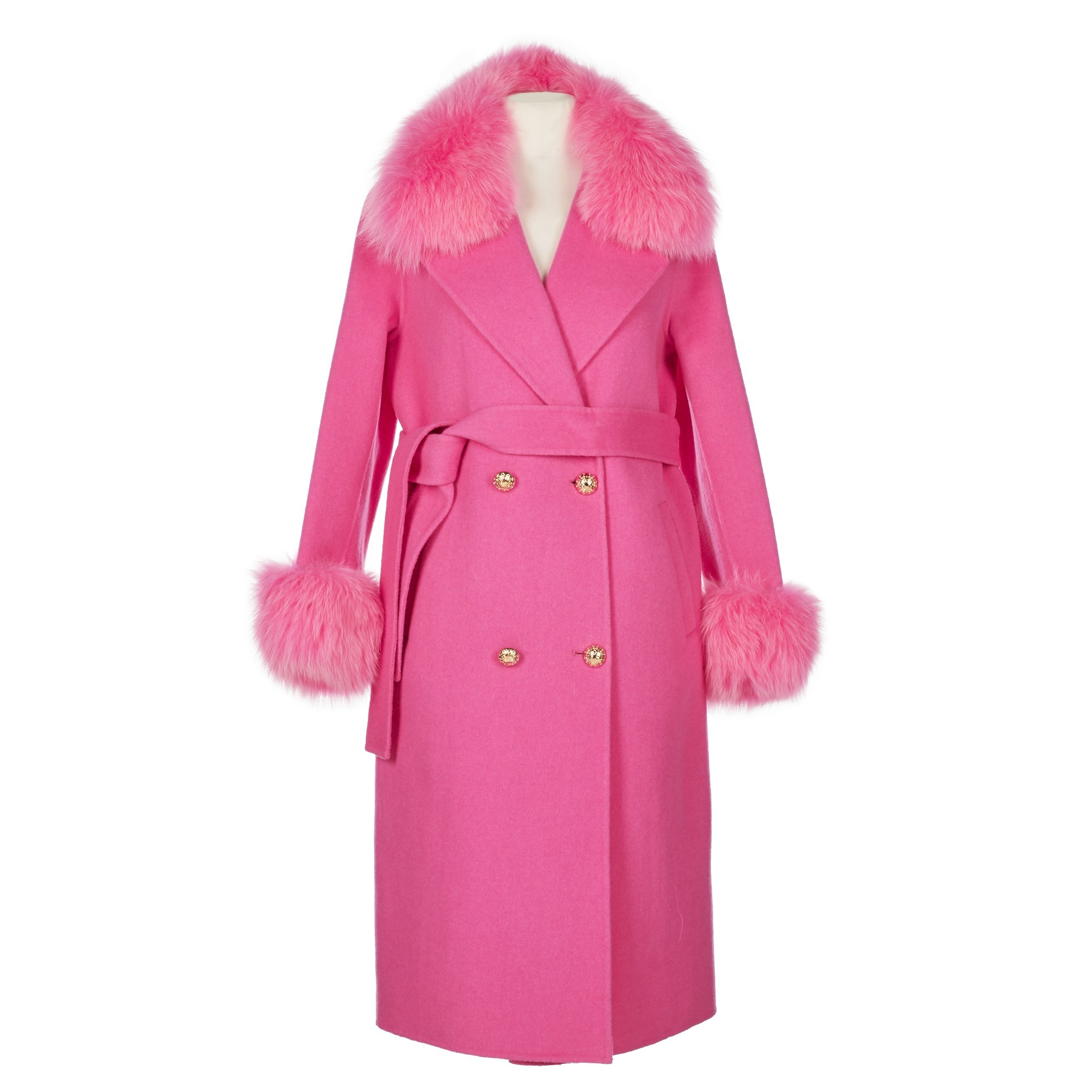 Popski London Hot Pink Cashmere Fox Trim Coat