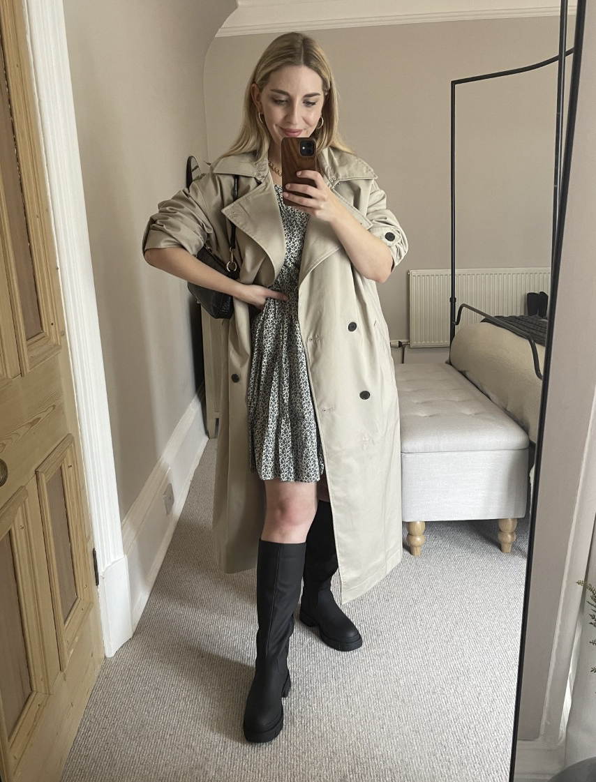 Chunky Knee-Boot Outfits: Try styling with a trench coat and mini dress