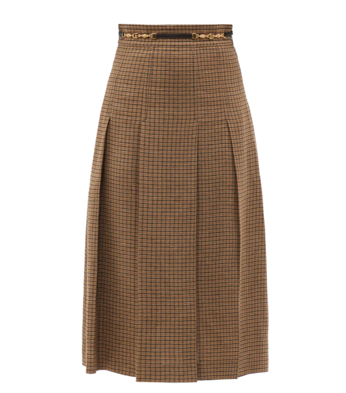 Gucci Pleated Checked Linen Midi Skirt