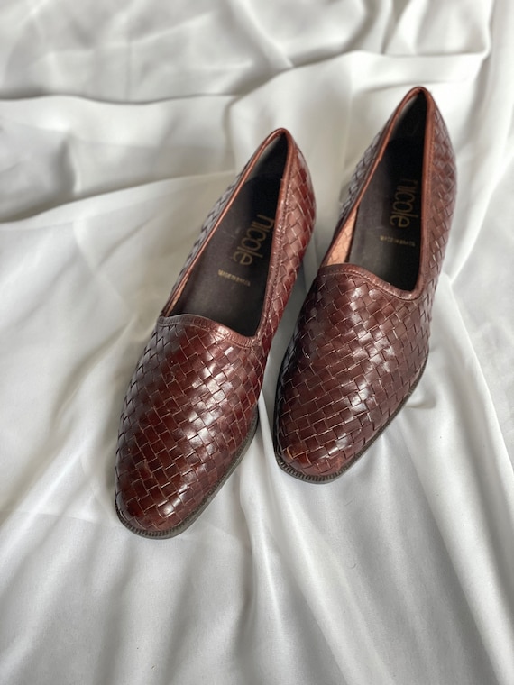 Vintage Brown Woven Leather Shoes Loafers