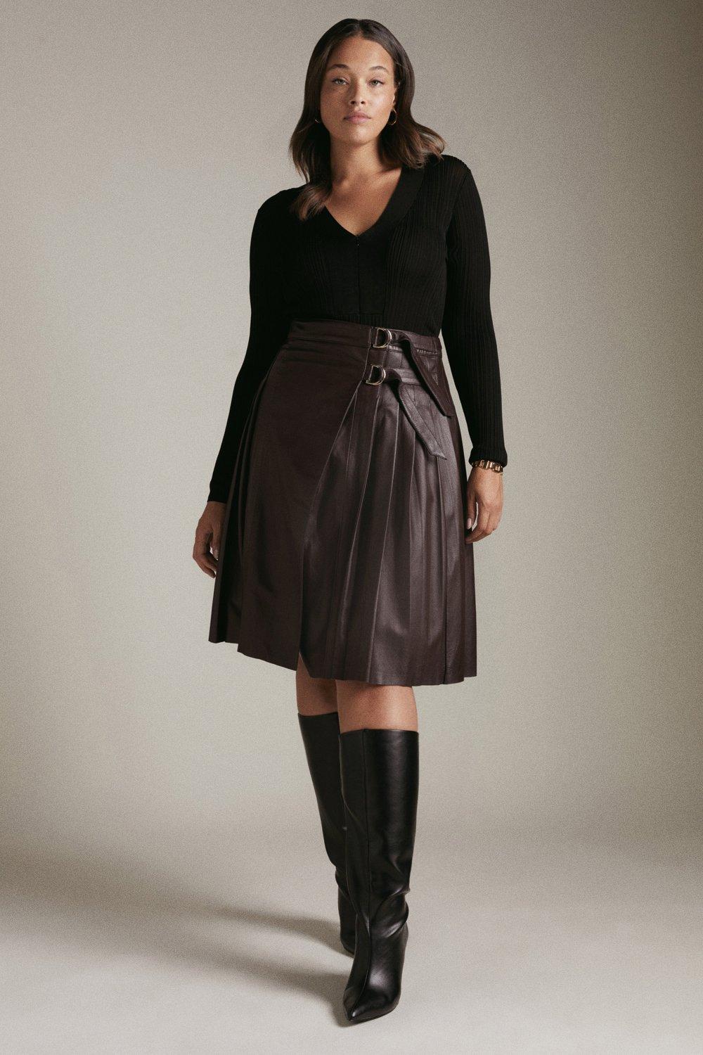 Karen Millen Curve Leather Pleated Kilt Midi Skirt