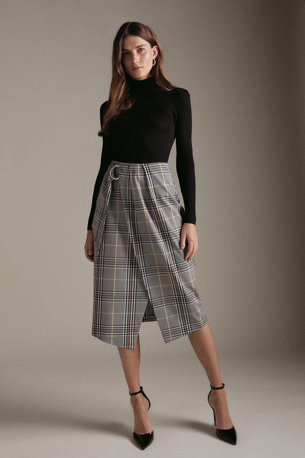 Karen Millen Tailored Check Wrap Midi Skirt