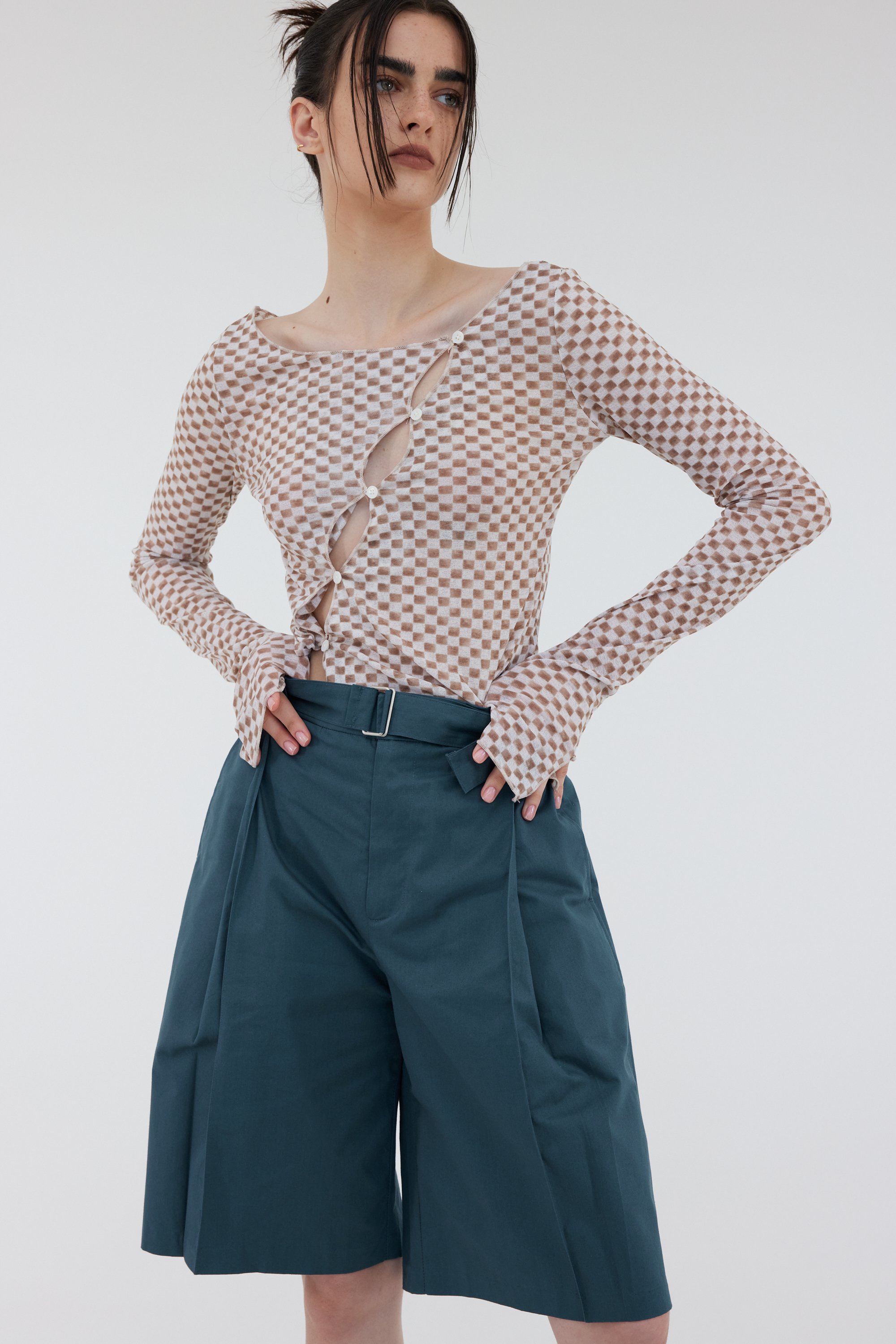 Source Unknown Diagonal Button Up Second-Skin Top, Milk Chocolate