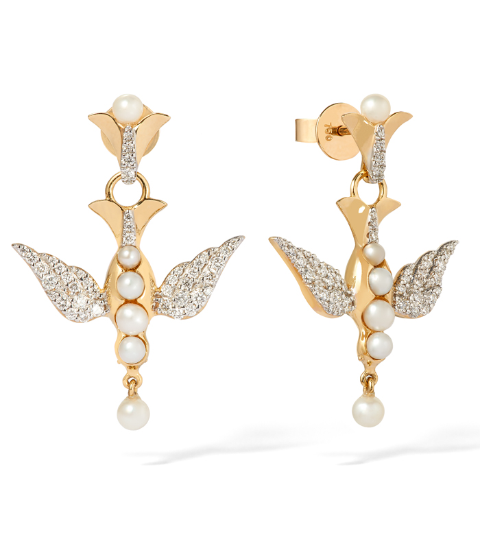 Annoushka x Temperley 18ct Gold Pearl Diamond Lovebirds Earring Drops