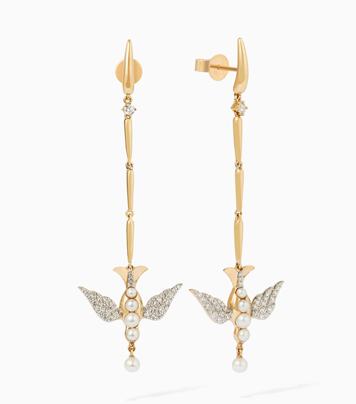 Annoushka x Temperley 18ct Gold Pearl Diamond Lovebirds Stiletto Earrings