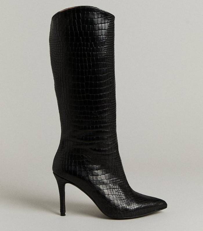 Karen Millen Premium Croc Effect Leather Heeled Long Boot