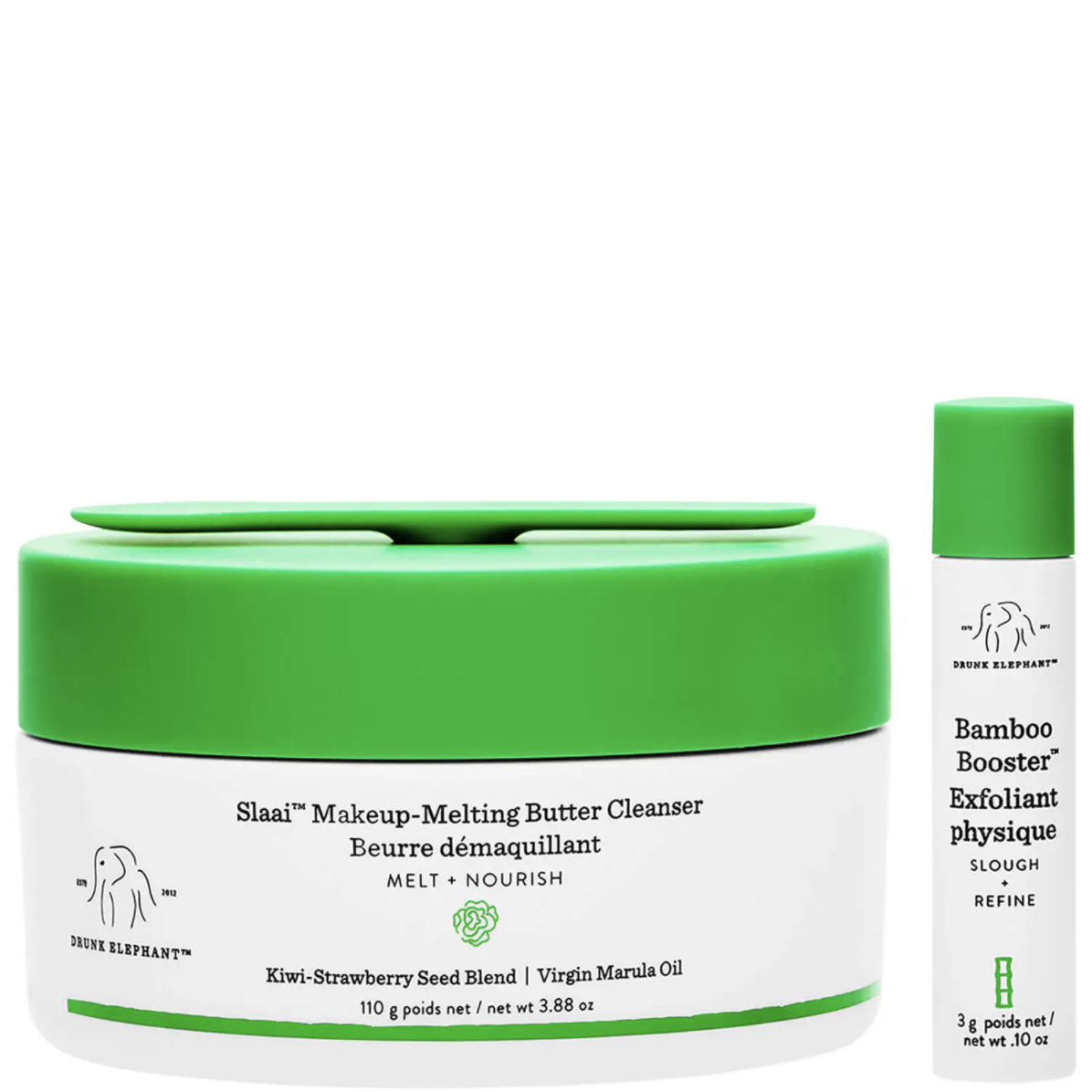Drunk Elephant Slaai Makeup-Melting Butter Cleanser and Bamboo Booster Exfoliant
