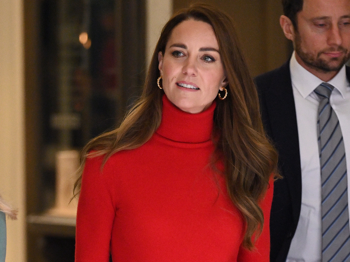Kate Middleton in Gold Asos Hoop Earrings and a Red Turtleneck