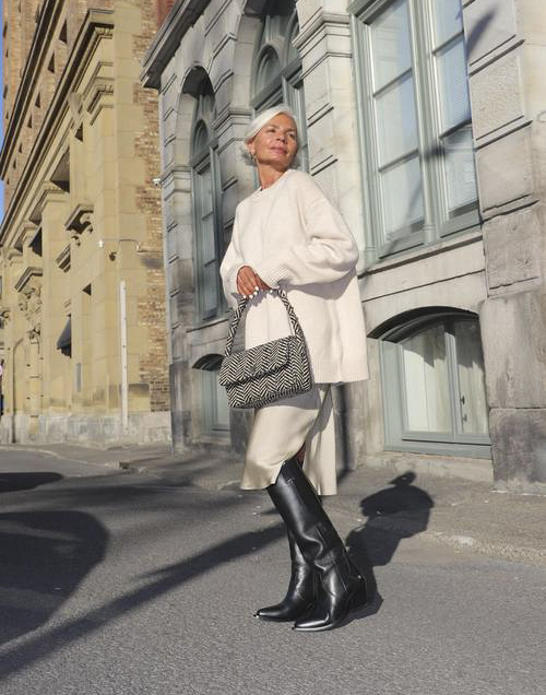 Outfits with Knee-High Boots: @greceghanem wears a pair of knee boots with a knitted co-ord