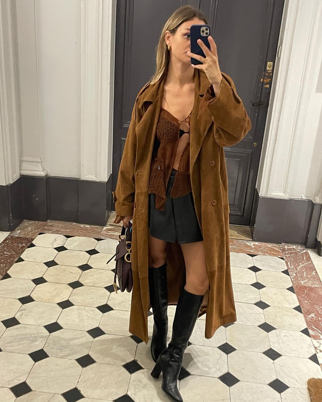 Outfits with Knee-High Boots: @annelauremais wearing trench coat and mini skirt