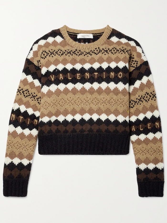 Valentino Cropped Embroidered Metallic Wool Sweater
