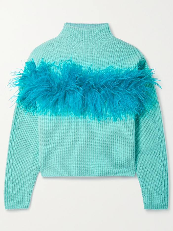 Lapointe Feather-Trimmed Silk and Cashmere-Blend Sweater