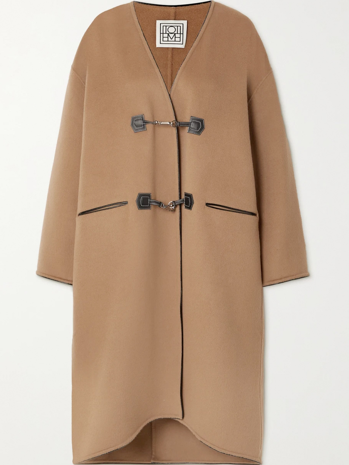 Totême Leather-Trimmed Brushed Wool and Cashmere-Blend Coat