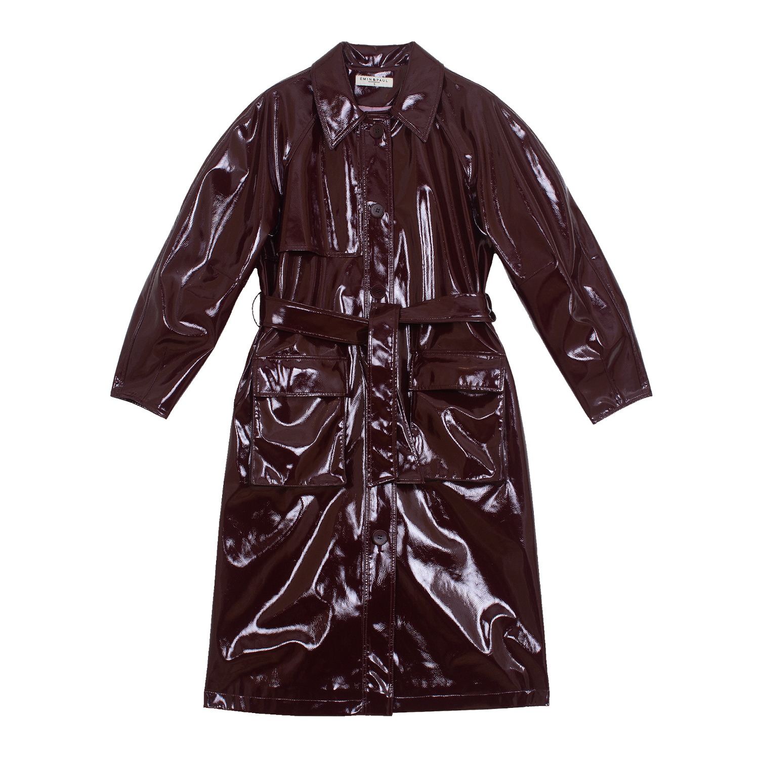 Beyond Retro Burgundy Faux Patent Leather Trench Coat by Emin + Paul