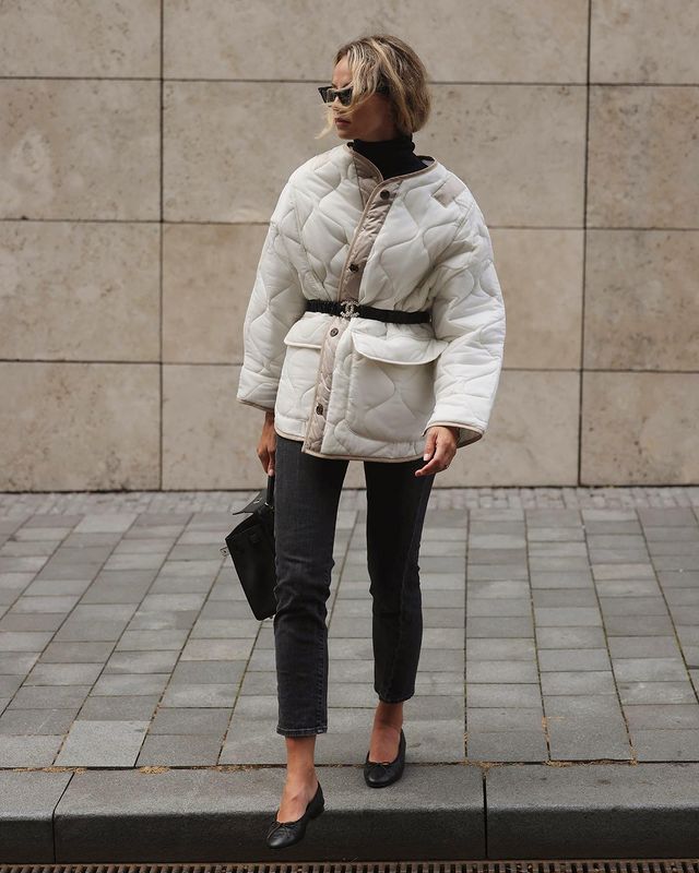 Cute Winter Outfits: @anoukyve wears a quilted jacket with a Chanel belt