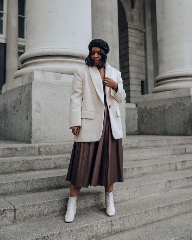 Wool Blazers for Women: @styleidealist wears a cream wool blazer with a brown midi skirt