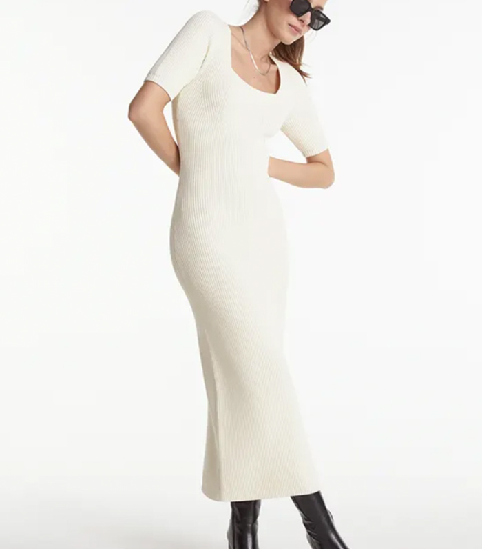 The Kooples Long Knit Ecru Dress With Square Neck