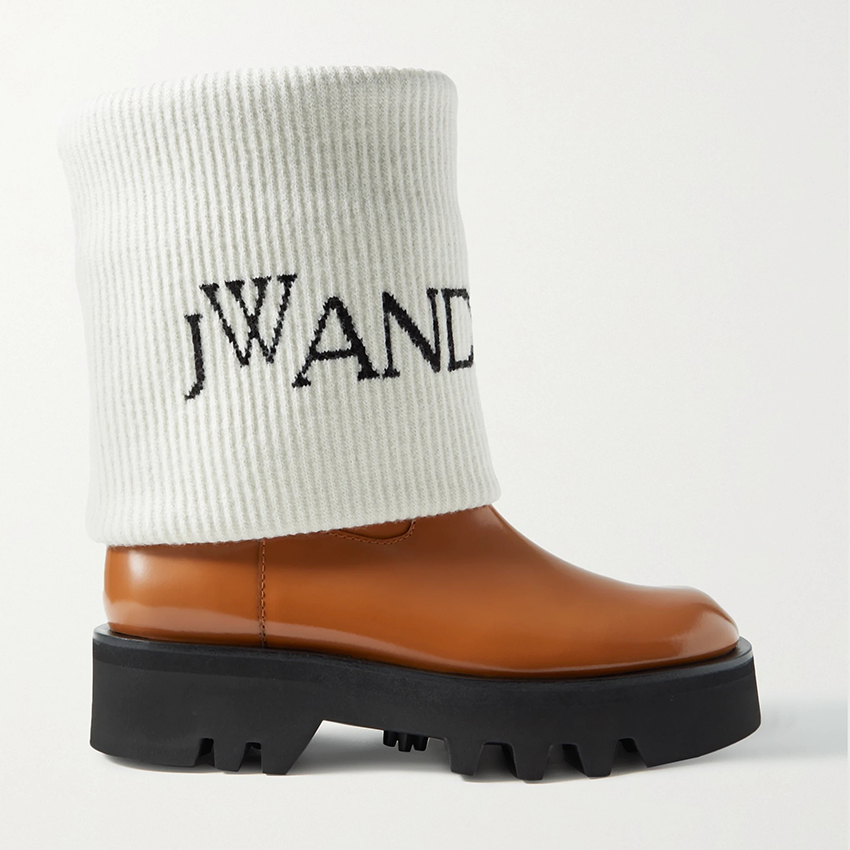 JW Anderson Fisherman Wool-Jacquard Trimmed Glossed-Leather Ankle Boots