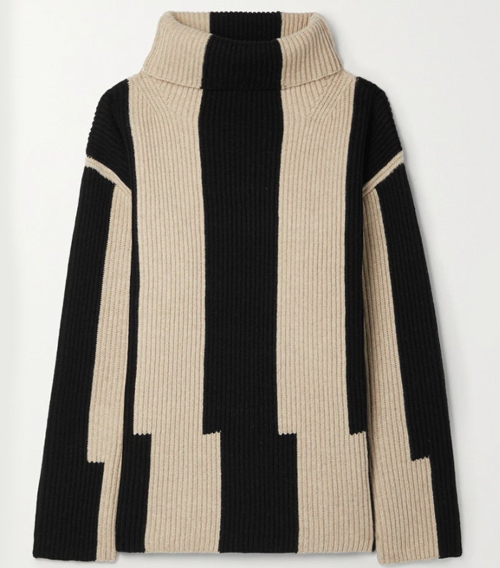 Joseph Striped Ribbed Wool Turtleneck Sweater