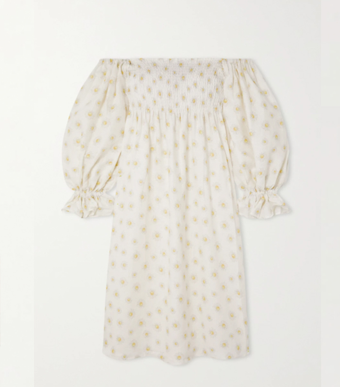 Sleeper Atlanta Off-the-Shoulder Shirred Floral-Print Linen Midi Dress