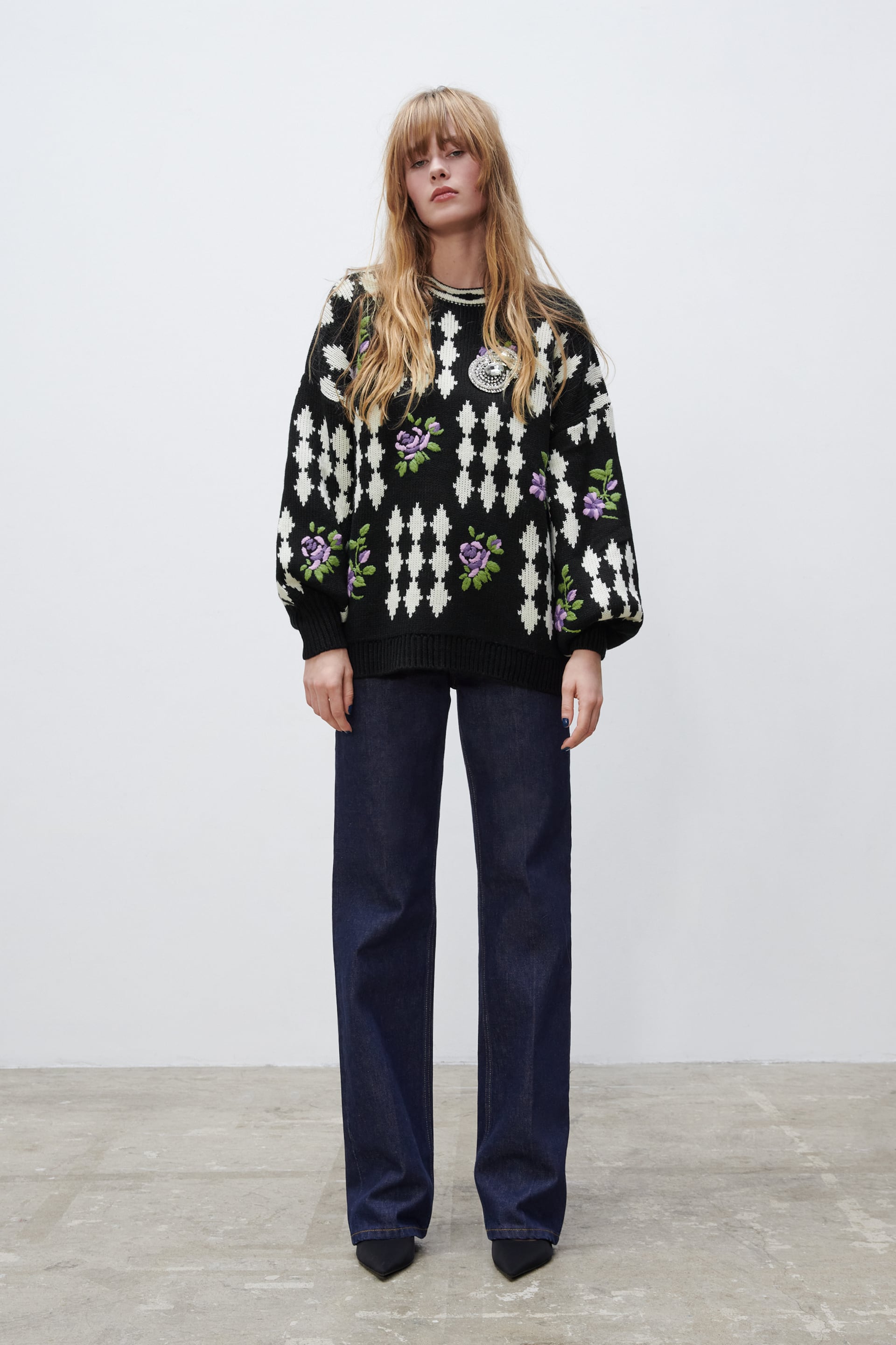 Zara Embroidered Jacquard Knit Sweater