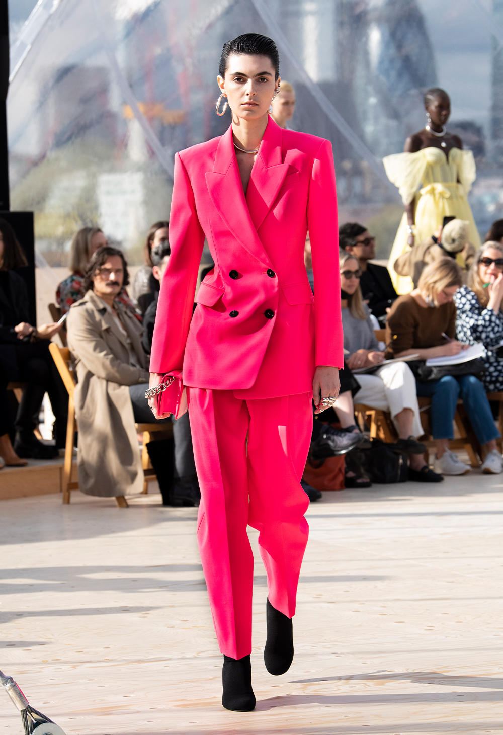 spring/summer 2022 fashion trends: pink trouser suit at Alexander McQueen