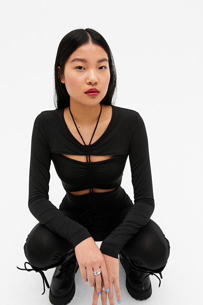 Monki Black Top With Ruched Front and Cut Outs