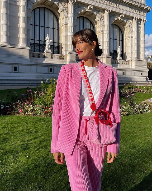 French Girl Corduroy Outfits: @juliesfi wears a pink corduroy suit