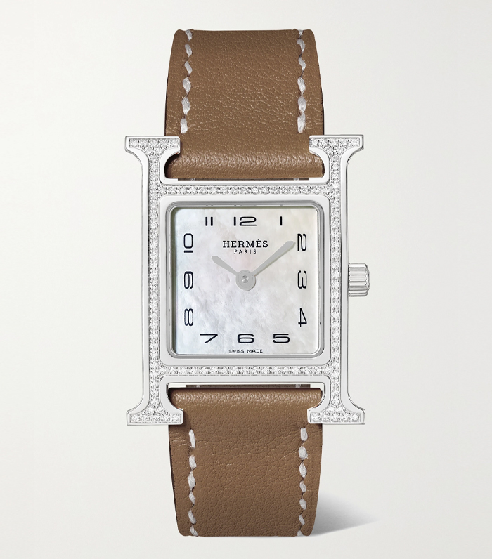 Hermès Timepieces Heure H 21mm small stainless steel, leather, diamond and mother-of-pearl watch
