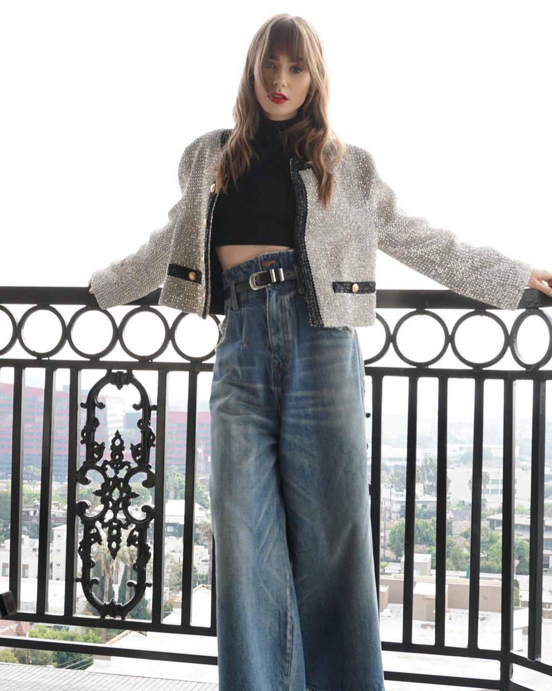 Lily Collins french outfit Celine: jeans and boucle jacket