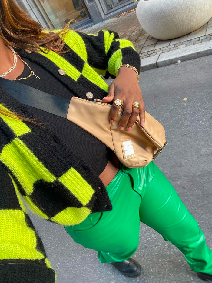 Winter leather pants outfits: colorful leather