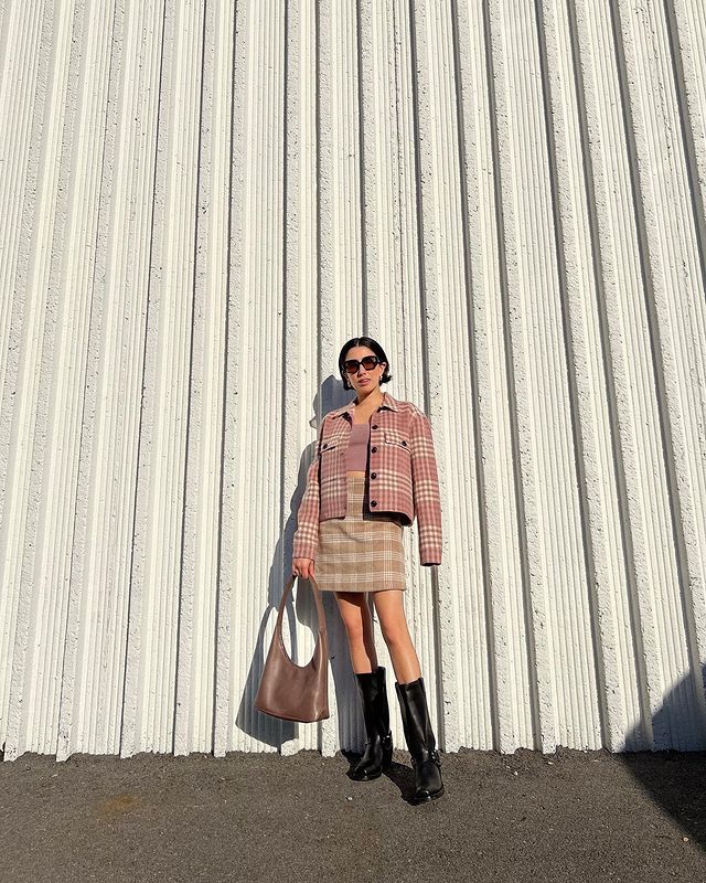 Easy Winter Outfits: @aprillockhart wears a checked jacket and skirt