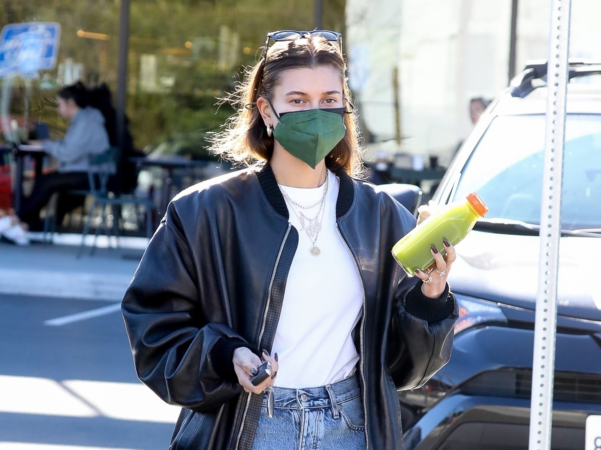 Hailey Bieber Wearing the Leather Bomber Trend