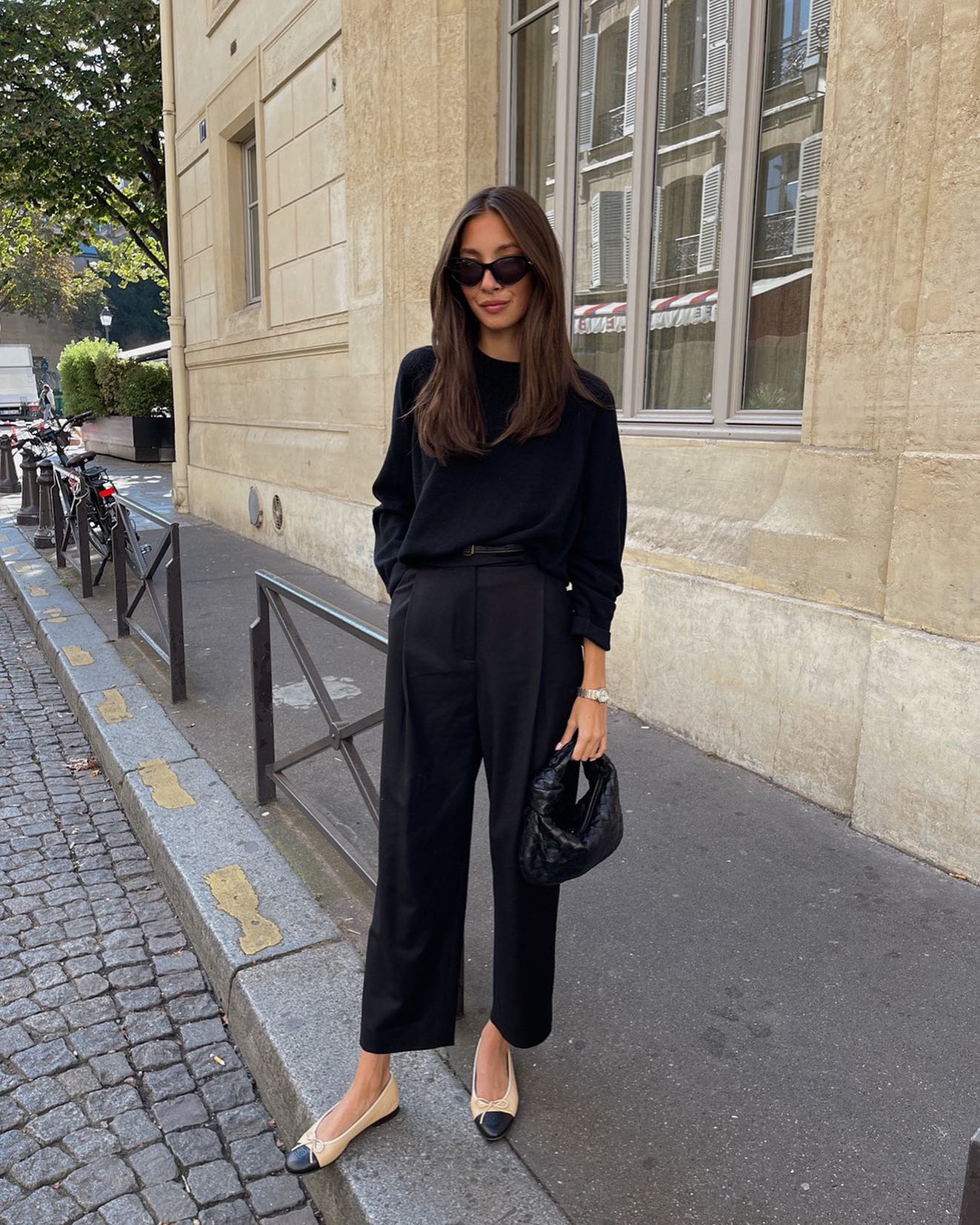 Black Sweater and Trousers Outfit Chanel Flats