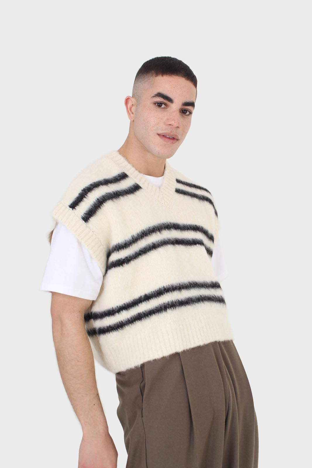 Glassworks Ivory and Black Striped Wool Blend Sweater Vest