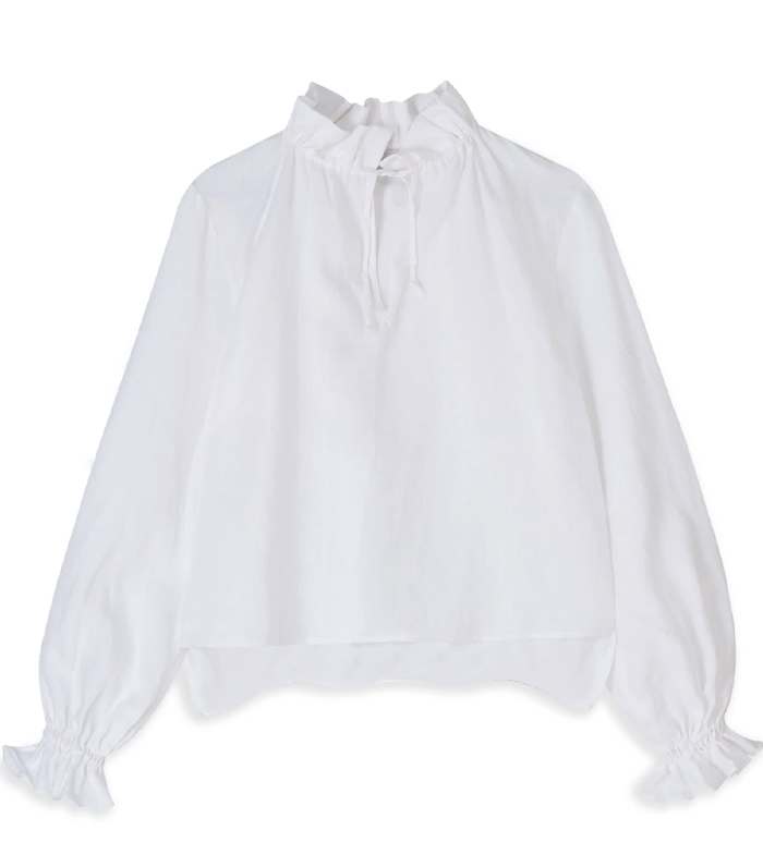 Phoebe Grace Peach Shirt in Organic White Linen End of Roll Fabric
