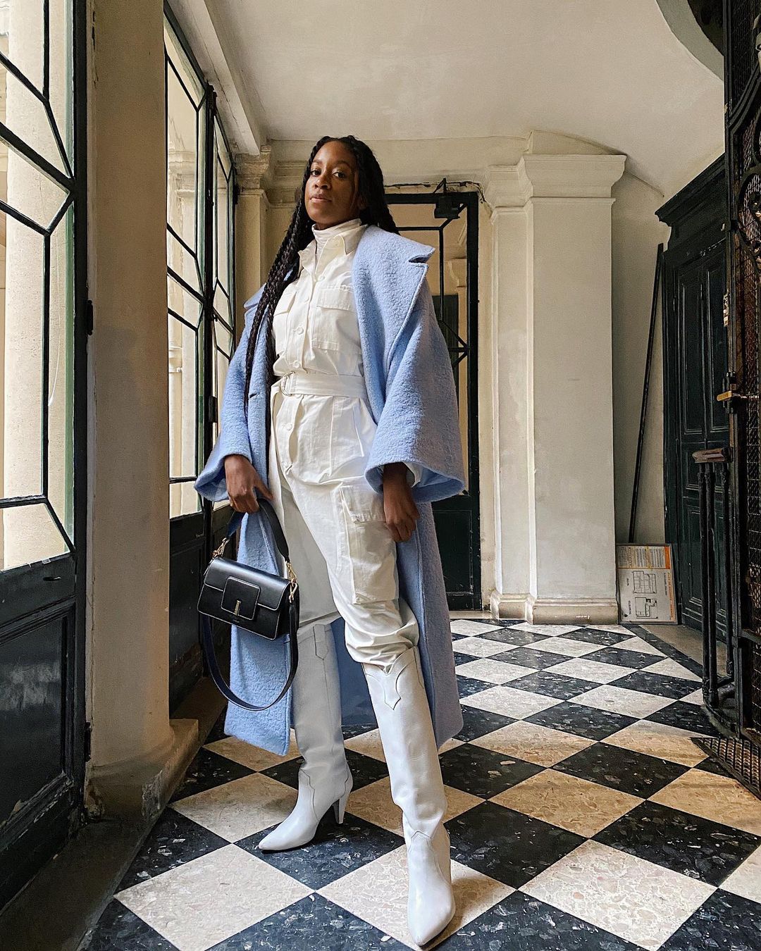 Spring 2022 Outfit Trends: @chrissyford wears a pale blue coat