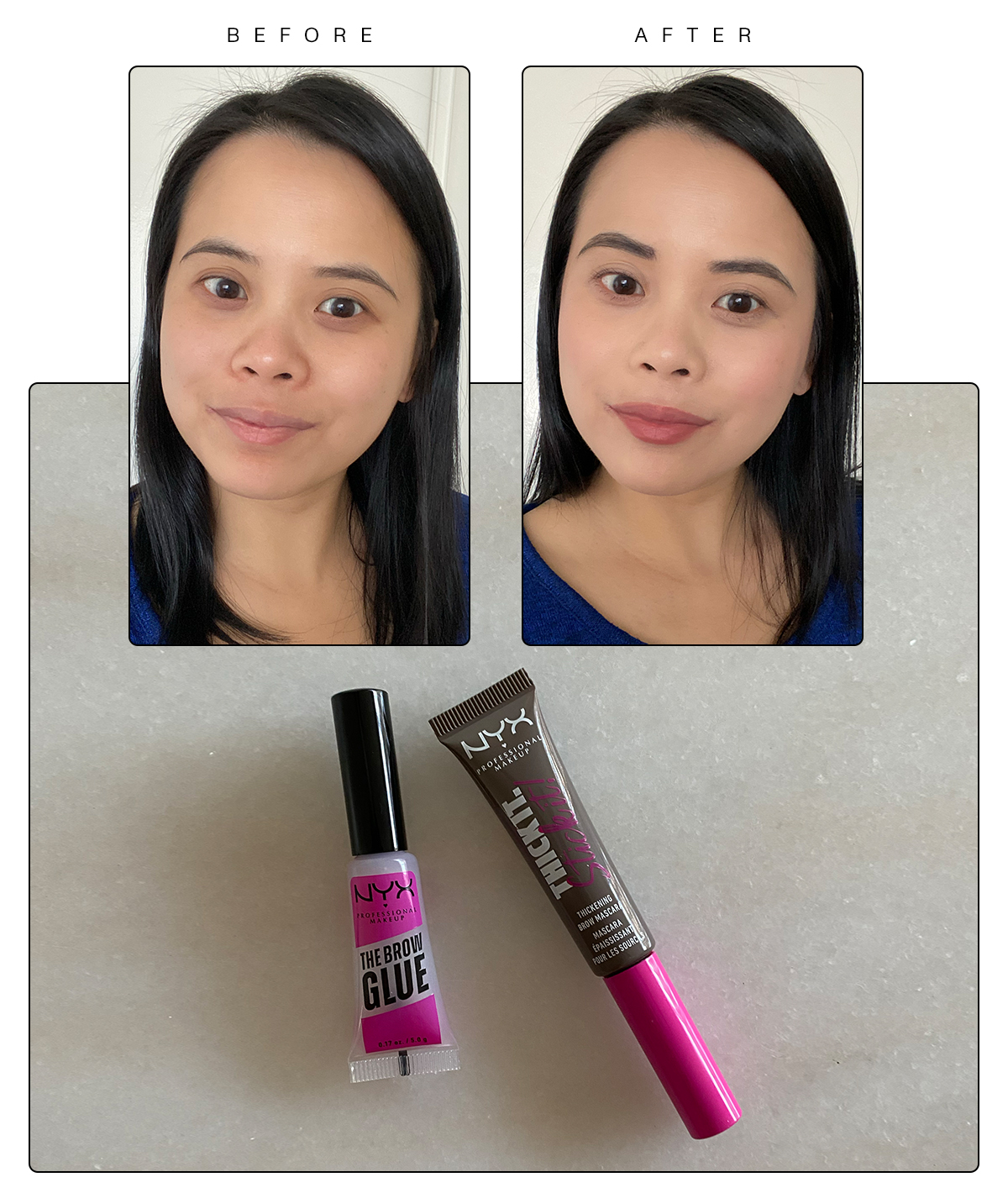 nyx professional makeup brow glue try on: before and after
