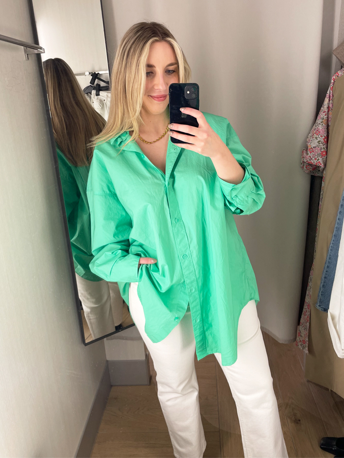 Bright Shirt Outfits: Acting Assistant Editor Maxine Eggenberger wears a bright shirt outfit from H&M