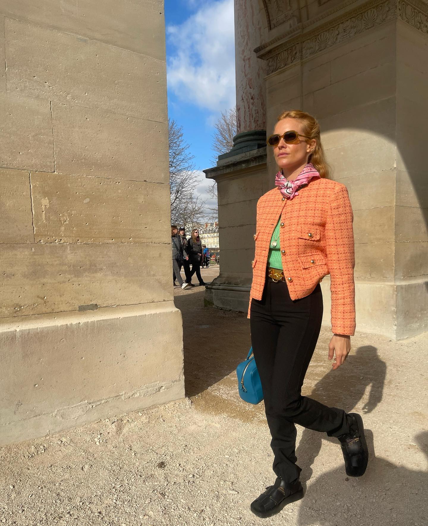 Blanca wearing Mango jacket with jeans and a neck scarf