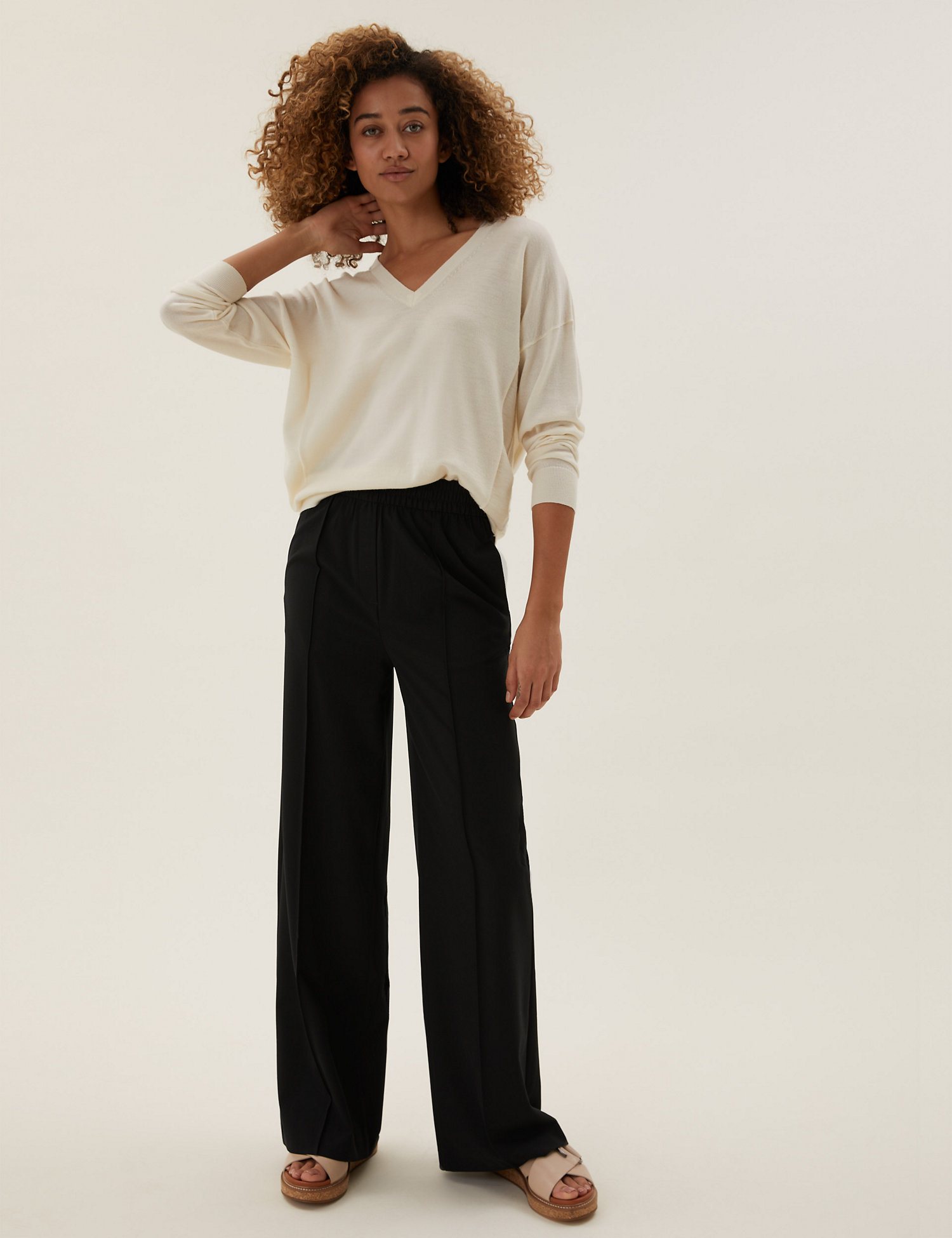 Black Striped Crepe Wide Leg BNWT/ Marks & Spencer Women M&S Ladies Trousers 